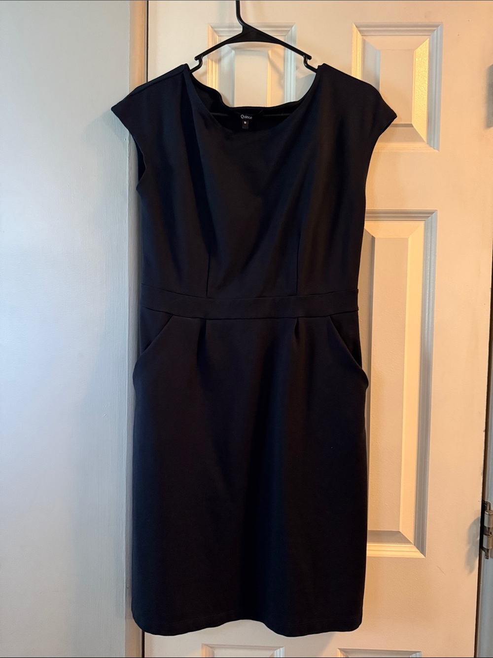 Quince Navy Cap-Sleeve Midi Sheath Dress with Pockets